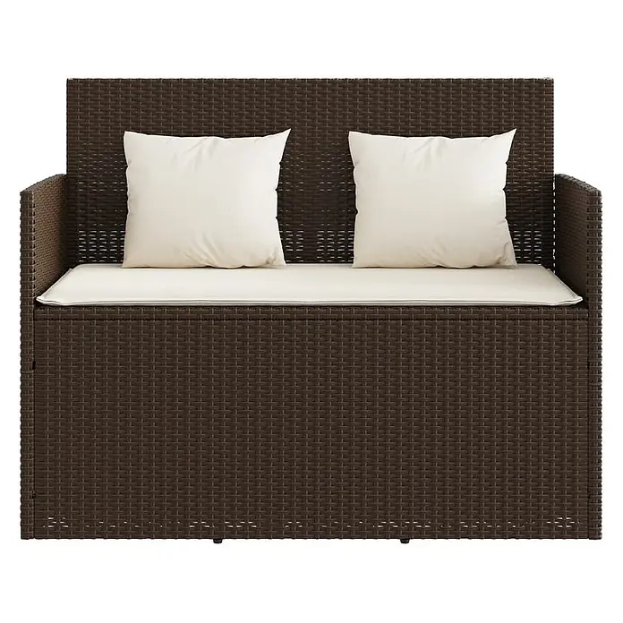 Furnicato Gartenbank PE-Rattan - B x T x H: 120 x 50 x 90,5 cm, Braun - Dunkelbraune Rattan-Sitzbank mit Stauraum und cremefarbenen Kissen.