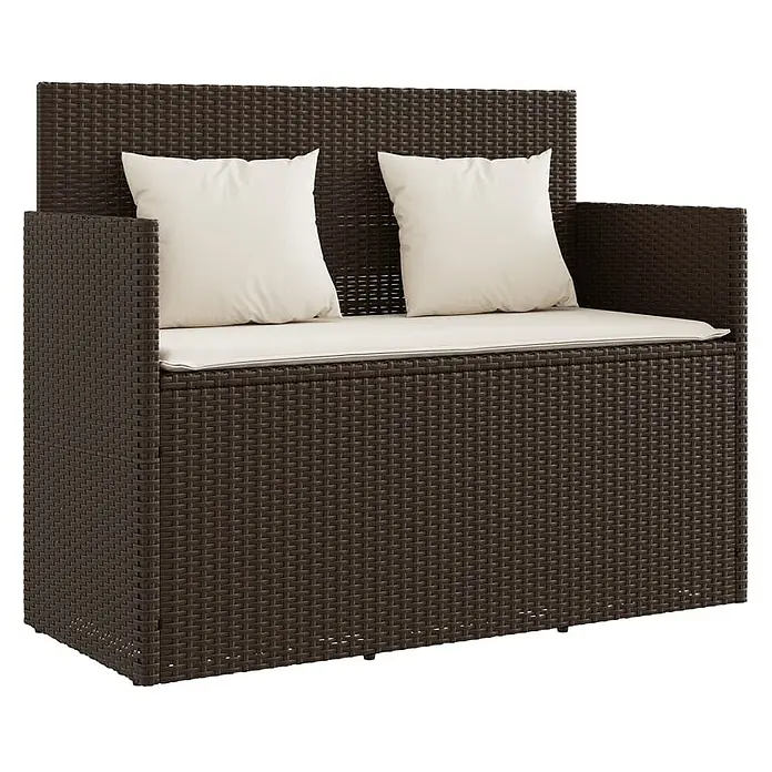 Furnicato Gartenbank PE-Rattan - B x T x H: 120 x 50 x 90,5 cm, Braun - Braune Rattanbank mit weißen Sitz- und Rückenkissen.