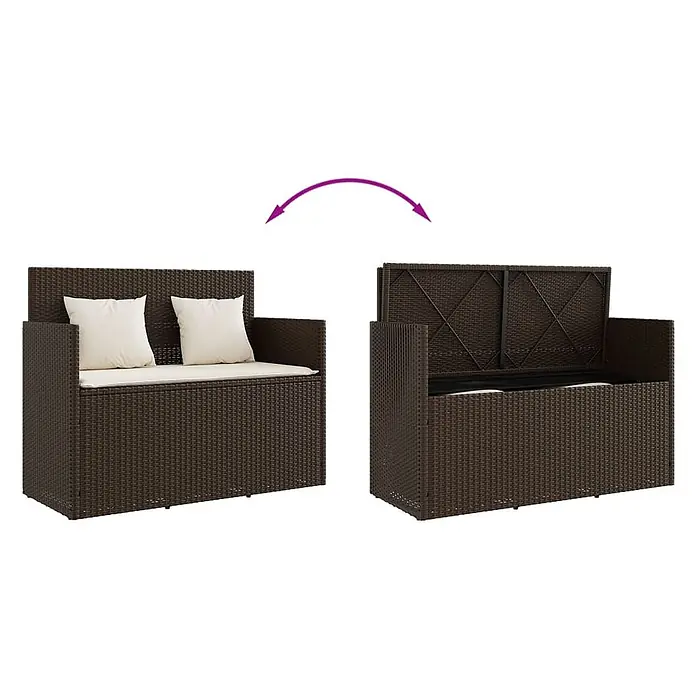 Furnicato Gartenbank - B x T x H: 120 x 50 x 90,5 cm, Braun - Braune Polyrattan Outdoor-Aufbewahrungsbank, geschlossen als Sitzgelegenheit und offen zur Stauraum-Offenbarung dargestellt.