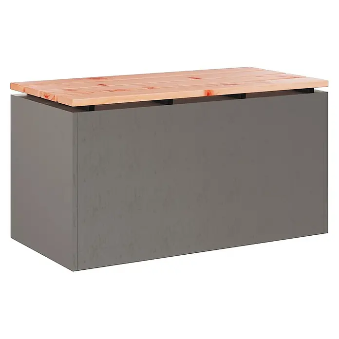 Furnicato Gartenbank Douglasienholz lackiert - B x T x H: 40 x 80 x 43 cm, Wetterfeststahl - Dunkelgraue Aufbewahrungsbank mit heller Holzlamellenabdeckung, auf schwarzen Stützen.