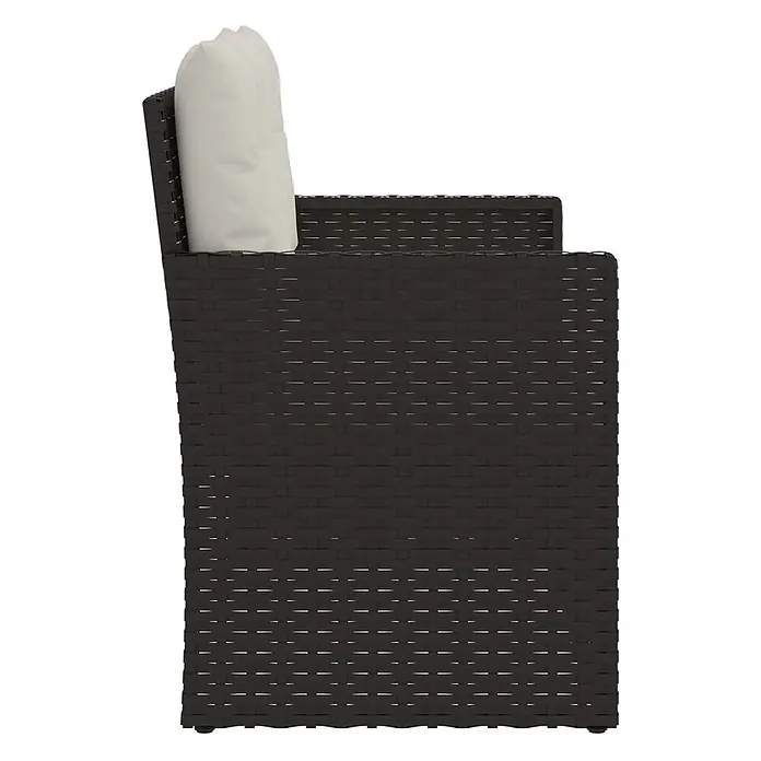 Furnicato Gartenbank - B x T x H: 56 x 105 x 75 cm, Schwarz - Dunkelbrauner Rattan-Gartensessel mit cremefarbenem Kissen, Seitenansicht.