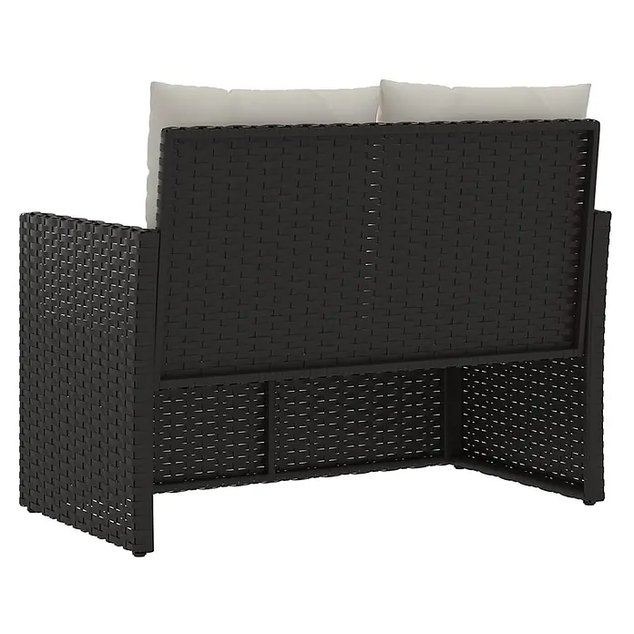 Furnicato Gartenbank - B x T x H: 56 x 105 x 75 cm, Schwarz - Rück- und Seitenansicht eines schwarzen Rattan-Sofas für den Außenbereich mit cremefarbenen Kissen.