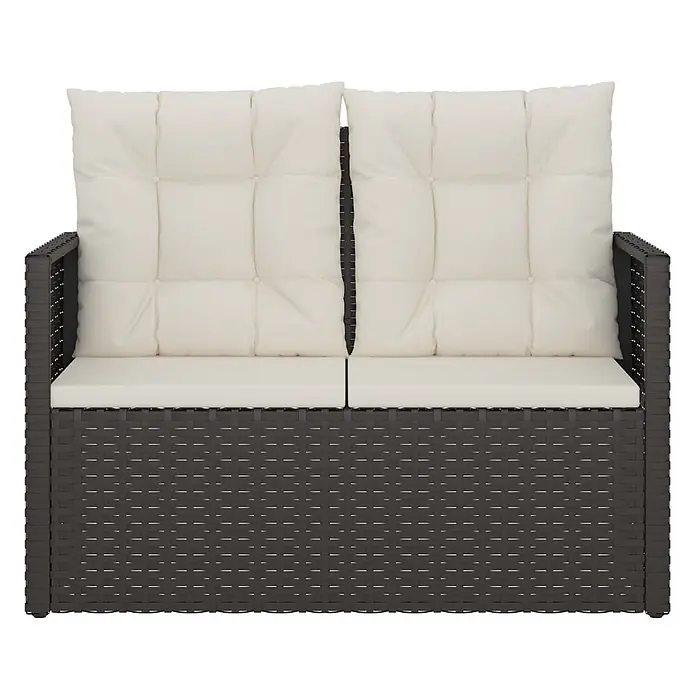 Furnicato Gartenbank - B x T x H: 56 x 105 x 75 cm, Schwarz - Dunkelbraunes Polyrattan 2-Sitzer Gartensofa mit cremefarbenen Kissen.