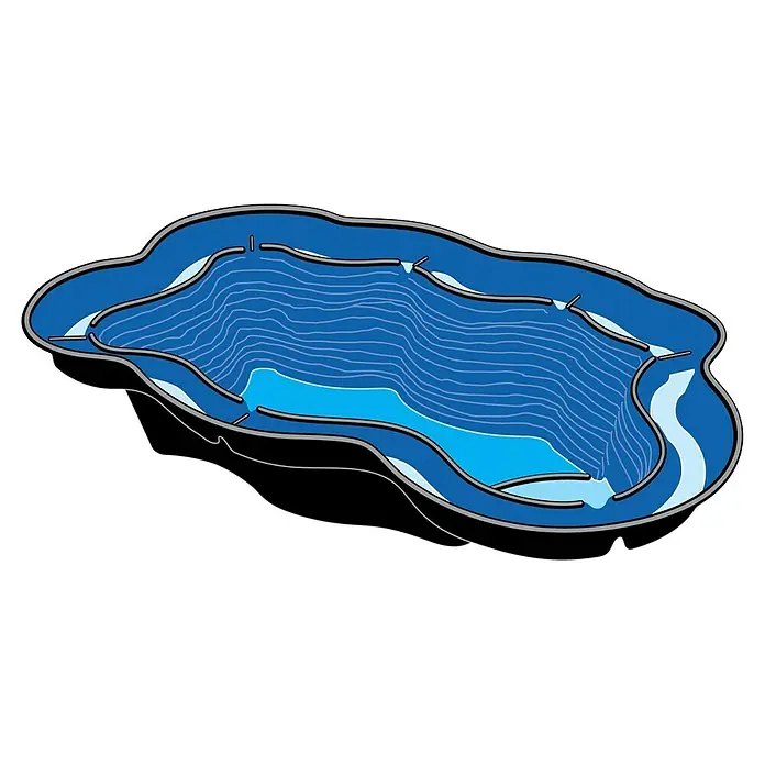 Ubbink Teichschale Iris SIII - Fassungsvermögen: 530 l - 3D-Ansicht eines Schwimmteichs mit unterschiedlichen Tiefen, dargestellt durch blaue Linien und Farbabstufungen.