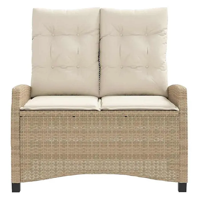 Furnicato Gartenbank PE-Rattan - B x T x H: 105 x 90 x 83 cm, Beige und Creme - Hellbraune Polyrattan-Zweisitzer-Gartenbank mit hohen Rückenlehnen und beigen Sitz- und Rückenkissen.