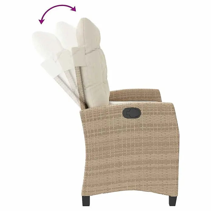 Furnicato Gartenbank PE-Rattan - B x T x H: 105 x 90 x 83 cm, Beige und Creme - Beige Kunstgeflecht-Liegestuhl mit hellen Polstern, der die verstellbare Rückenlehne zeigt.