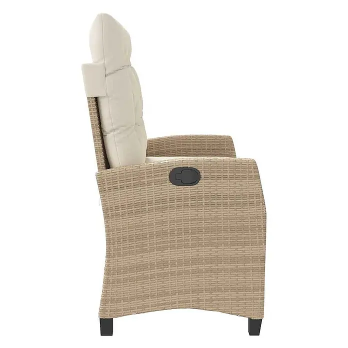 Furnicato Gartenbank PE-Rattan - B x T x H: 105 x 90 x 83 cm, Beige und Creme - Beigefarbener Rattan-Relaxsessel mit cremefarbenen Polstern und schwarzem Kipphebel.