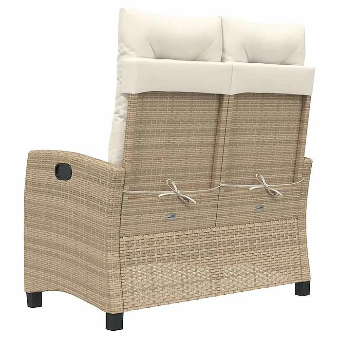 Furnicato Gartenbank PE-Rattan - B x T x H: 105 x 90 x 83 cm, Beige und Creme - Rückansicht eines beigefarbenen Rattan-Gartensofas für 2 Personen mit cremefarbenen Kissen, gesichert mit Bändern, und schwarzen Füßen.
