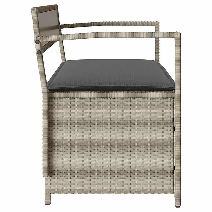 Furnicato Gartenbank PE-Rattan - B x T x H: 111,5 x 54 x 74 cm, Hellgrau und Dunkelgrau - Graue Rattan-Sitzbank mit Armlehnen und dunkelgrauem Kissen, Seitenansicht.