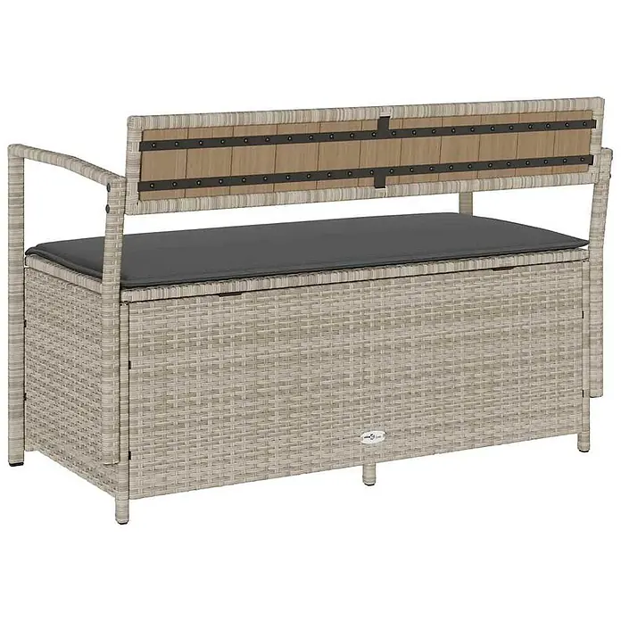 Furnicato Gartenbank PE-Rattan - B x T x H: 111,5 x 54 x 74 cm, Hellgrau und Dunkelgrau - Hellgraue Rattan-Sitzbank mit Stauraum, grauem Kissen und Holzlehne mit schwarzen Metallakzenten.