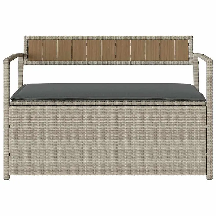 Furnicato Gartenbank PE-Rattan - B x T x H: 111,5 x 54 x 74 cm, Hellgrau und Dunkelgrau - Helle beige Rattan-Optik Outdoor-Aufbewahrungsbank mit dunkelgrauem Kissen und Holzlatten-Rückenlehne.