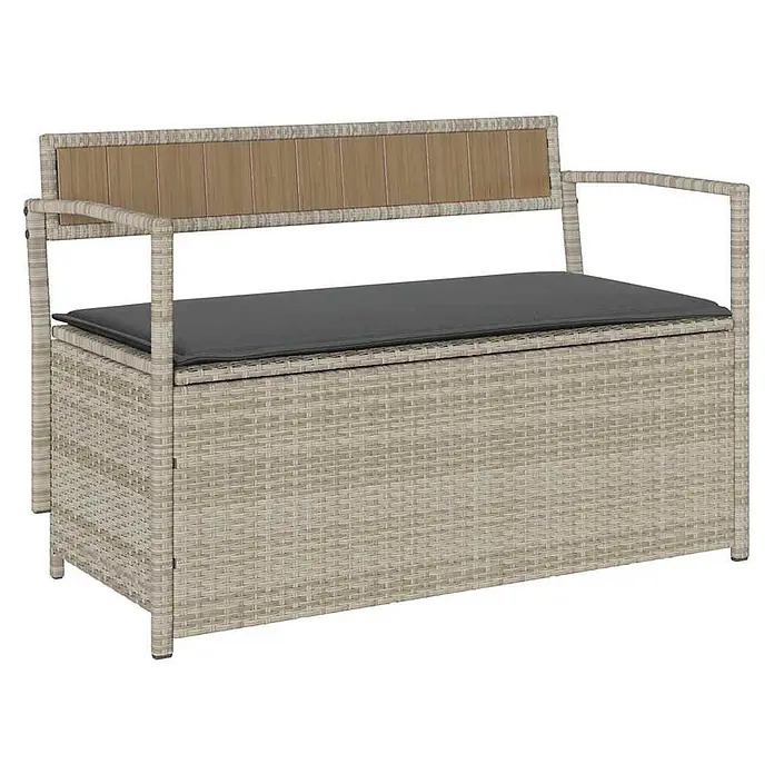 Furnicato Gartenbank PE-Rattan - B x T x H: 111,5 x 54 x 74 cm, Hellgrau und Dunkelgrau - Helle beige/graue Rattan-Effekt Truhenbank mit Rückenlehne, Armlehnen, Holzdetails und dunkelgrauem Kissen.