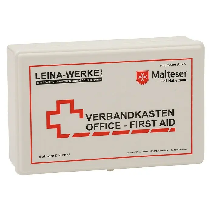 Leina-Werke Betriebsverbandkasten Office - First Aid - DIN 13157, Ohne Wandhalterung, Weiß - Weiße Erste-Hilfe-Box von LEINA-WERKE, ideal für Büros.