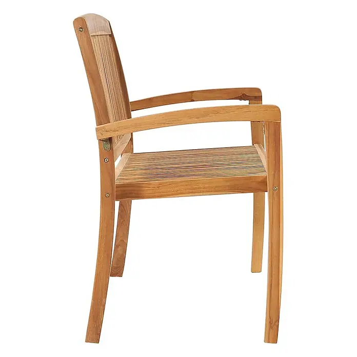 Furnicato Gartenbank Teak-Hartholz - B x T x H: 120 x 57,5 x 90 cm, Braun - Stuhl aus Teakholz mit Armlehnen, Lattenrostsitz und Rückenlehne, von der Seite gesehen.