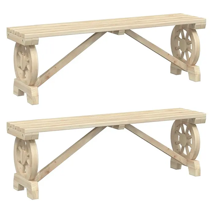 Furnicato Gartenbank Tannen-Massivholz - B x T x H: 115 x 28 x 39,5 cm, Braun - Zwei helle Holzbänke mit Wagenrad-förmigen Enden.