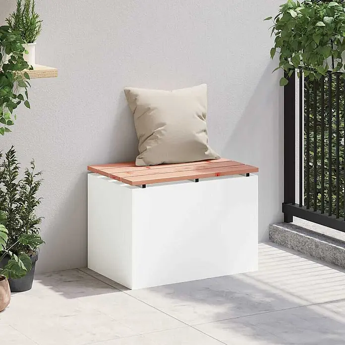Furnicato Gartenbank Douglasienholz lackiert - B x T x H: 40 x 60 x 43 cm, Weiß - Weiße Outdoor-Aufbewahrungsbank mit Holzlamellendeckel und beigem Kissen, ideal für Balkon oder Terrasse.