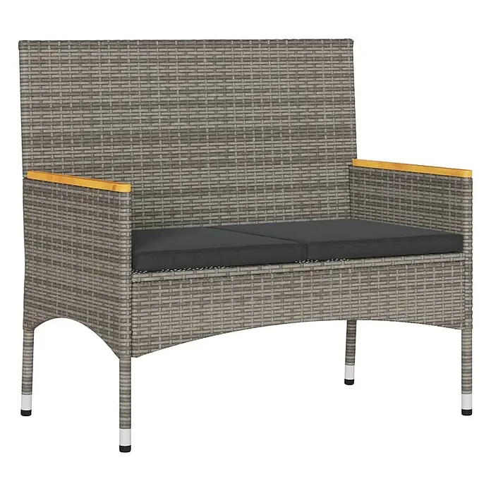 Furnicato Gartenbank - B x T x H: 90 x 54 x 85 cm, Grau - Graue Rattan-Gartenbank mit schwarzen Kissen und Holzarmlehnen.