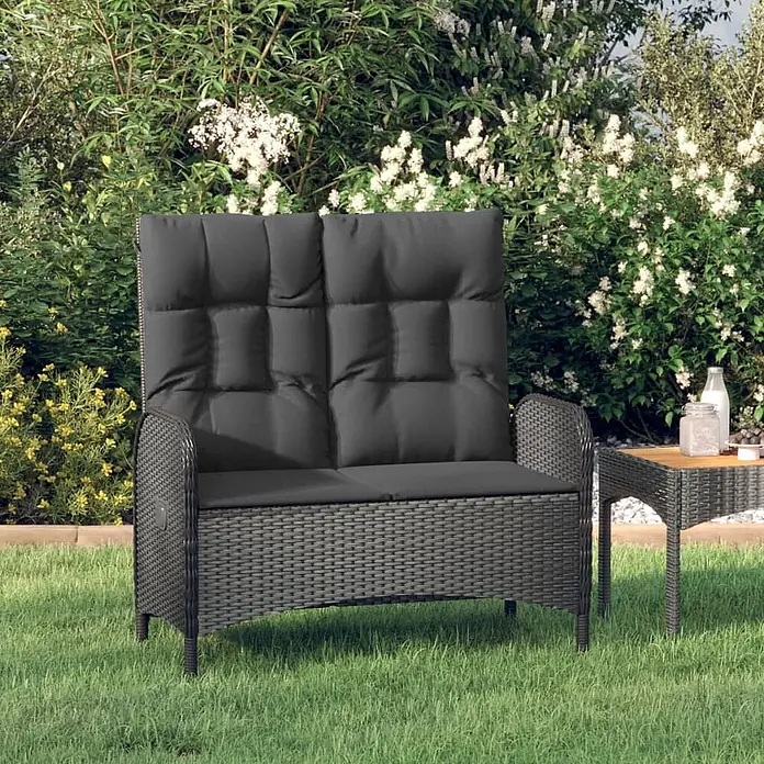 Furnicato Gartenbank - Schwarz - Dunkelgraue Rattan-Gartenbank mit hoher Lehne und dicken Kissen.