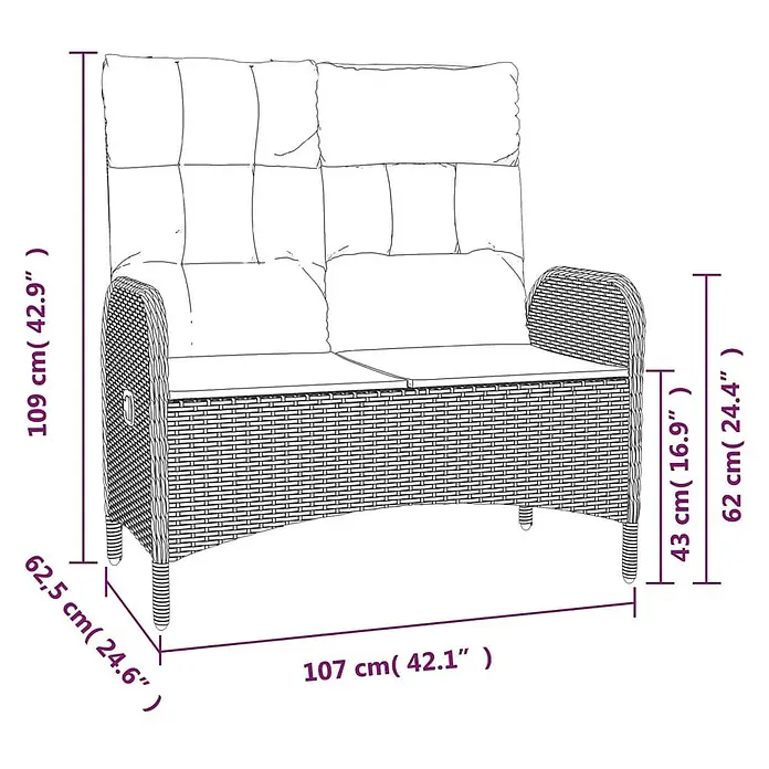 Furnicato Gartenbank - Schwarz - Gartenbank im Rattan-Stil für zwei Personen mit Kissen. Maße: 107 cm B, 62,5 cm T, 109 cm H.