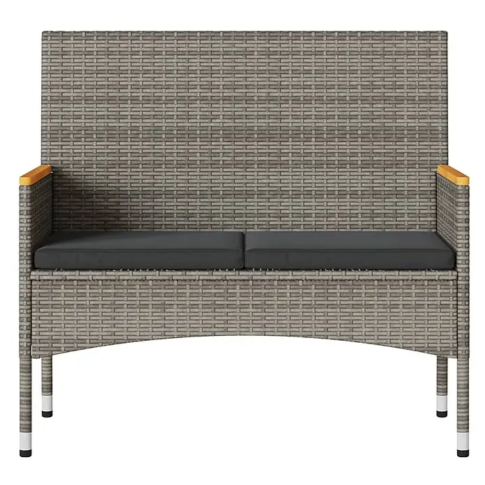 Furnicato Gartenbank - B x T x H: 90 x 54 x 85 cm, Grau - Zweisitzige graue Rattan-Gartenbank mit dunklen Kissen und Holzarmlehnen.