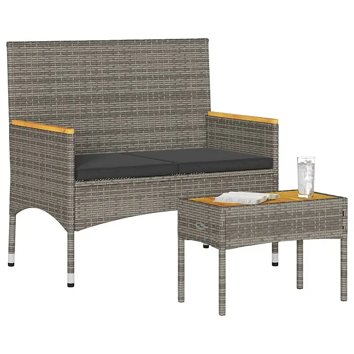 Furnicato Gartenbank - B x T x H: 90 x 54 x 85 cm, Grau - Graue Rattan-Gartenbank mit dunklen Kissen und passendem Beistelltisch mit Holzdetails.