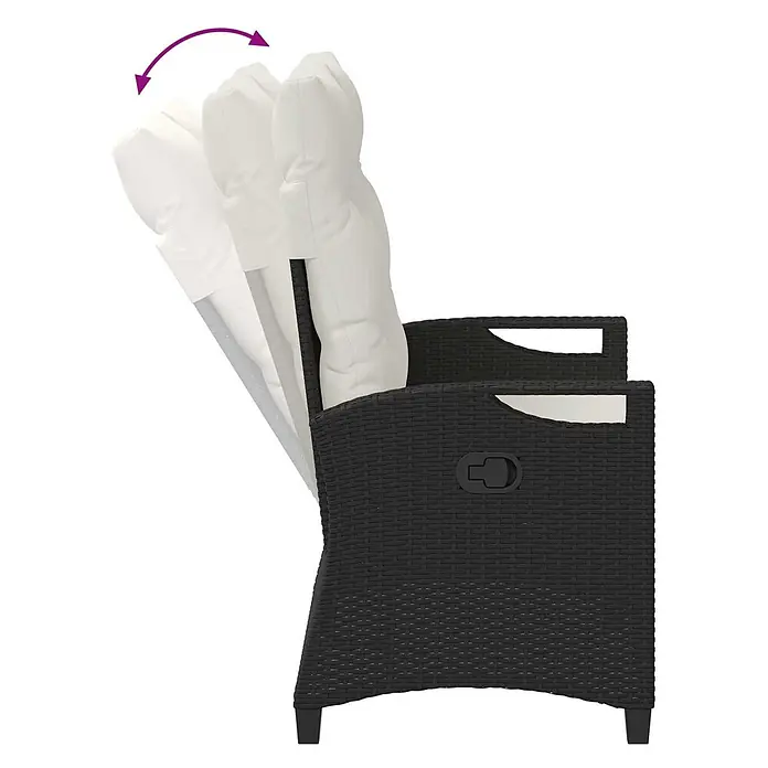 Furnicato Gartenbank pulverbeschichtet Creme - B x T x H: 60 x 105 x 112 cm, Schwarz und Creme - Schwarzer Rattan-Sessel mit weißen Kissen, der die verstellbare Rückenlehne zeigt.