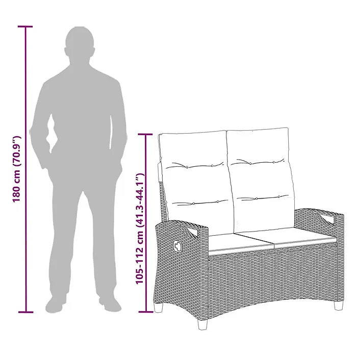 Furnicato Gartenbank pulverbeschichtet Creme - B x T x H: 60 x 105 x 112 cm, Schwarz und Creme - Zweisitziges Gartensofa aus Polyrattan mit Kissen, mit Person zur Größenreferenz.