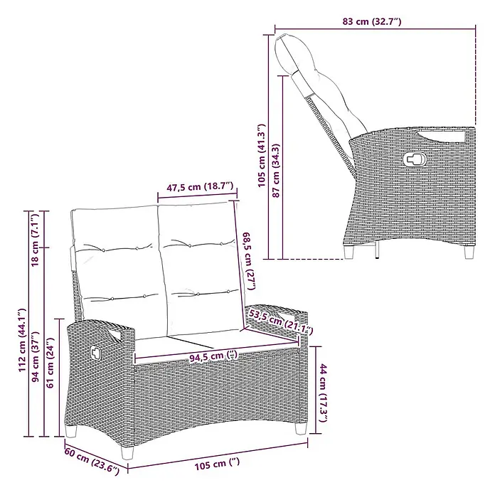 Furnicato Gartenbank pulverbeschichtet Creme - B x T x H: 60 x 105 x 112 cm, Schwarz und Creme - Bemaßte Zeichnung eines braunen Rattan-Liegestuhls mit hellen Kissen. Zeigt Maße in aufrechter und zurückgelehnter Position (Höhe, Breite, Tiefe).