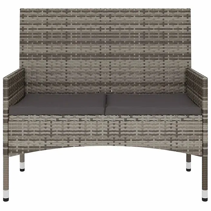 Furnicato Gartenbank PE-Rattan - B x T x H: 90 x 51 x 85 cm, Grau - Graue, geflochtene Rattan-Gartenbank für zwei Personen mit dunkelgrauen Kissen.