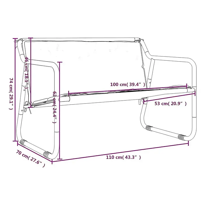 Furnicato Gartenbank Texteline Anthrazit - B x T x H: 110 x 70 x 74 cm, Anthrazit - Maße einer Gartenbank mit Metallgestell und Stoffbezug.