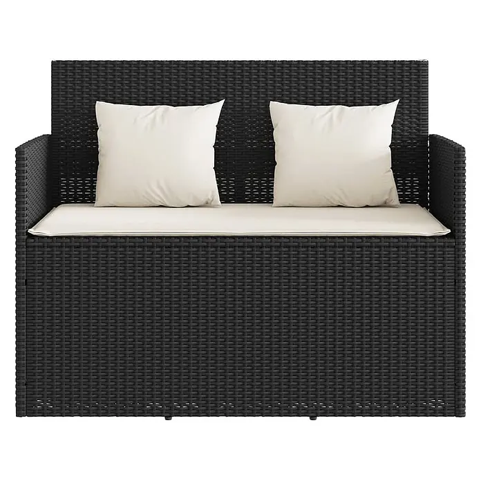 Furnicato Gartenbank PE-Rattan - B x T x H: 120 x 50 x 90,5 cm, Schwarz und Creme - Schwarze Outdoor-Sitzbank aus Polyrattan mit cremefarbenen Sitz- und zwei Rückenkissen.