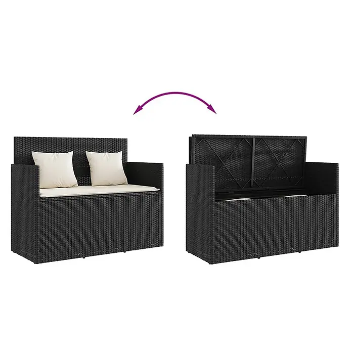Furnicato Gartenbank - B x T x H: 50 x 50 x 90,5 cm, Schwarz und Creme - Schwarze Rattan-Sitzbank mit cremefarbenen Kissen, als Bank und mit angehobener Sitzfläche zum Vorschein von Stauraum.