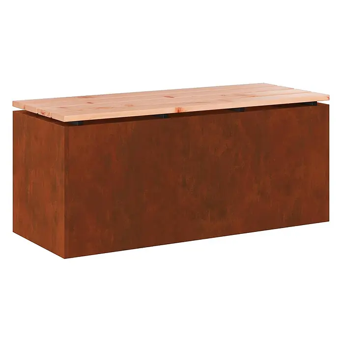 Furnicato Gartenbank - B x T x H: 40 x 40 x 43 cm, Wetterfeststahl - Rechteckiger Pflanzkübel oder Bank mit rostiger Metalloptik und natürlicher Holzlamellenplatte.