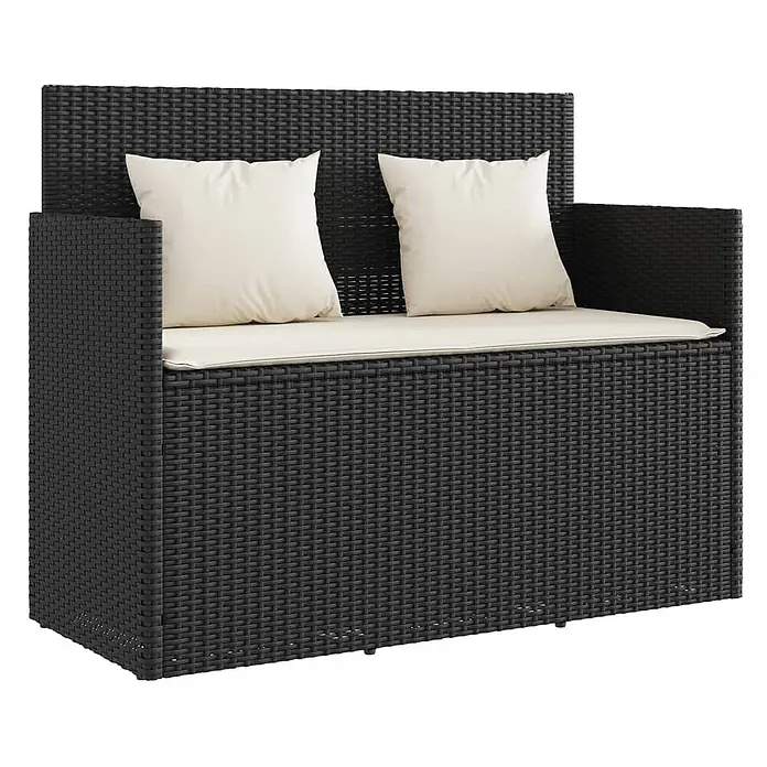 Furnicato Gartenbank PE-Rattan - B x T x H: 120 x 50 x 90,5 cm, Schwarz und Creme - Schwarze geflochtene Rattan-Sitzbank für draußen mit Stauraum, cremefarbenem Sitzkissen und zwei Rückenkissen.