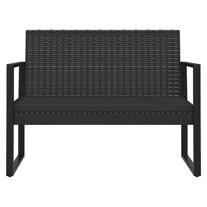Furnicato Gartenbank PE-Rattan - B x T x H: 106 x 57 x 74,5 cm, Schwarz - Dunkelbraune Rattan-Gartenbank mit schwarzem Metallgestell und dunkelgrauem Kissen.