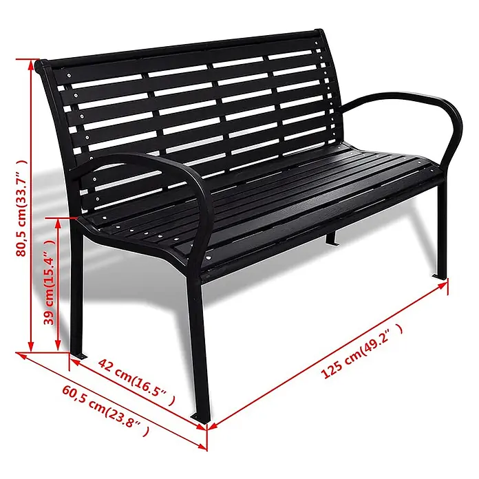 Furnicato Gartenbank WPC lackiert - B x T x H: 60,5 x 125 x 80,5 cm, Schwarz - Schwarze Metall-Gartenbank mit Holzlatten und Armlehnen, mit Maßen.