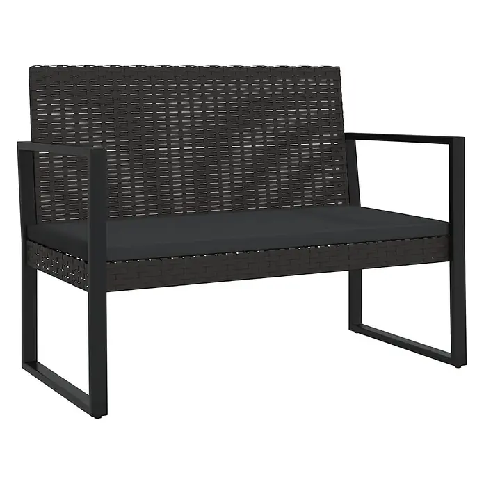 Furnicato Gartenbank PE-Rattan - B x T x H: 106 x 57 x 74,5 cm, Schwarz - Dunkelbraune Rattan-Gartenbank mit dunkelgrauem Kissen und schwarzem Metallgestell.