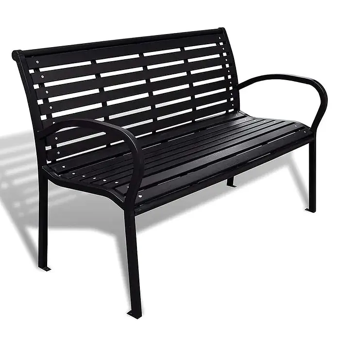 Furnicato Gartenbank WPC lackiert - B x T x H: 60,5 x 125 x 80,5 cm, Schwarz - Schwarze Lattenbank aus Metall für den Außenbereich mit Armlehnen.