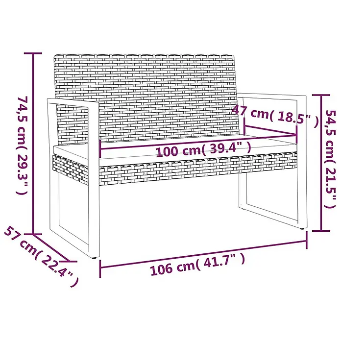 Furnicato Gartenbank PE-Rattan - B x T x H: 106 x 57 x 74,5 cm, Schwarz - Braune Rattan-Gartenbank mit Kissen und Maßen für den Außenbereich.