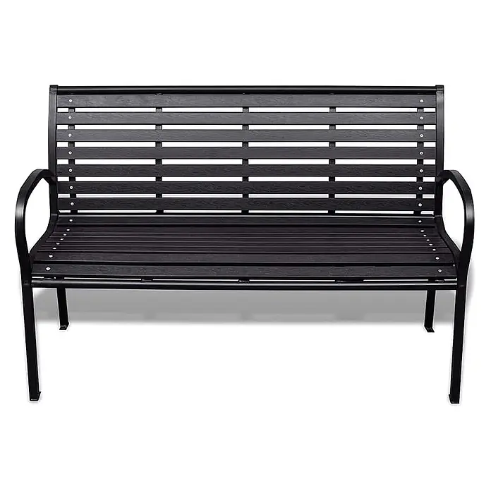 Furnicato Gartenbank WPC lackiert - B x T x H: 60,5 x 125 x 80,5 cm, Schwarz - Schwarz lamellierte Outdoor-Bank mit Metallrahmen und Armlehnen.