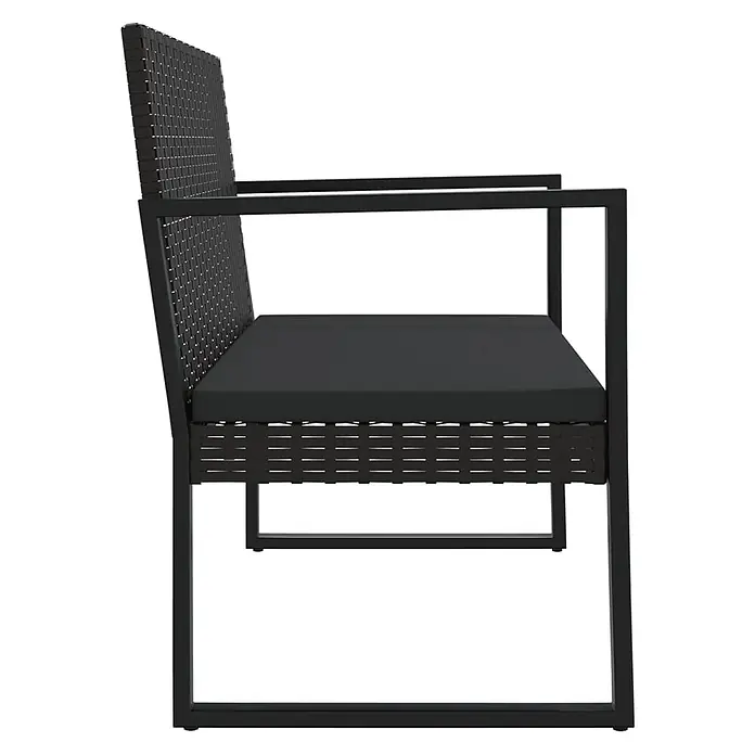 Furnicato Gartenbank PE-Rattan - B x T x H: 106 x 57 x 74,5 cm, Schwarz - Schwarze Rattan-Gartenbank mit schwarzem Metallrahmen und schwarzem Kissen. Seitenansicht.