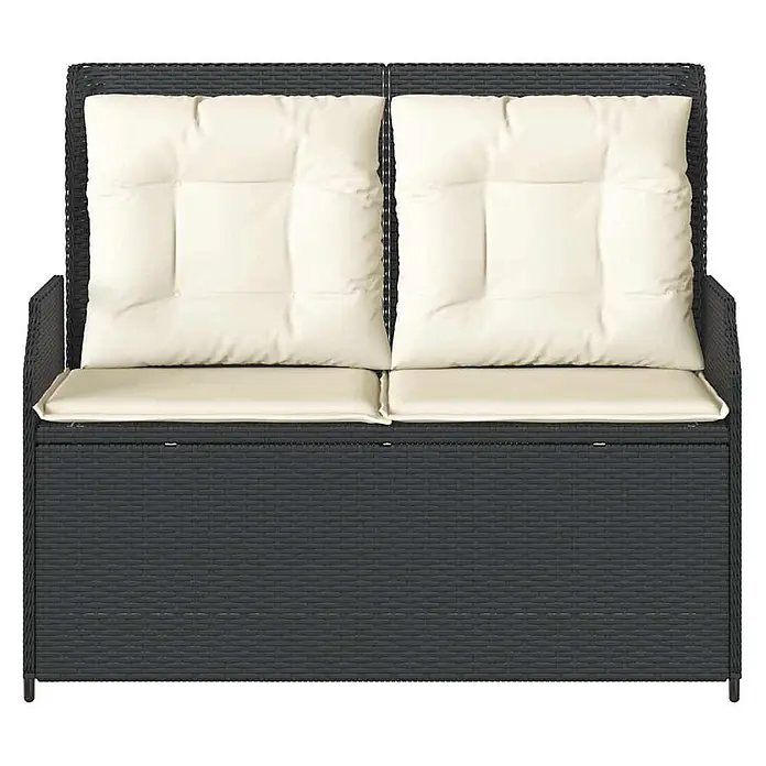 Furnicato Gartenbank PE-Rattan - B x T x H: 110 x 95 x 85 cm, Schwarz - Dunkelgraue Rattan-2-Sitzer-Gartenbank mit cremefarbenen Kissen, inklusive integriertem Stauraum.