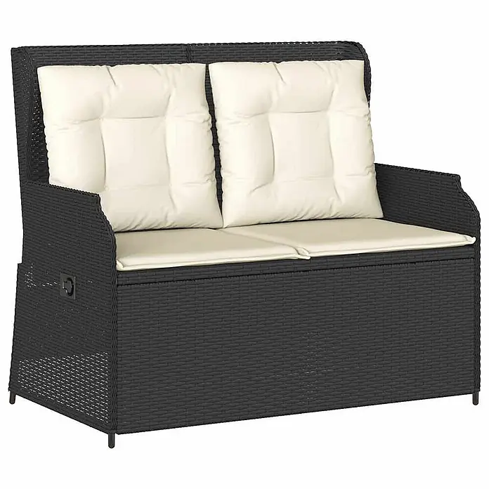 Furnicato Gartenbank PE-Rattan - B x T x H: 110 x 95 x 85 cm, Schwarz - Dunkelgraue Polyrattan 2-Sitzer Outdoor-Aufbewahrungsbank mit cremefarbenen Kissen.