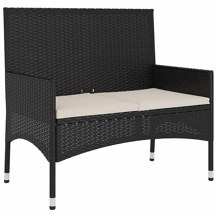 Furnicato Gartenbank - Schwarz und Creme - Schwarze geflochtene Gartenbank mit cremefarbenen Kissen.
