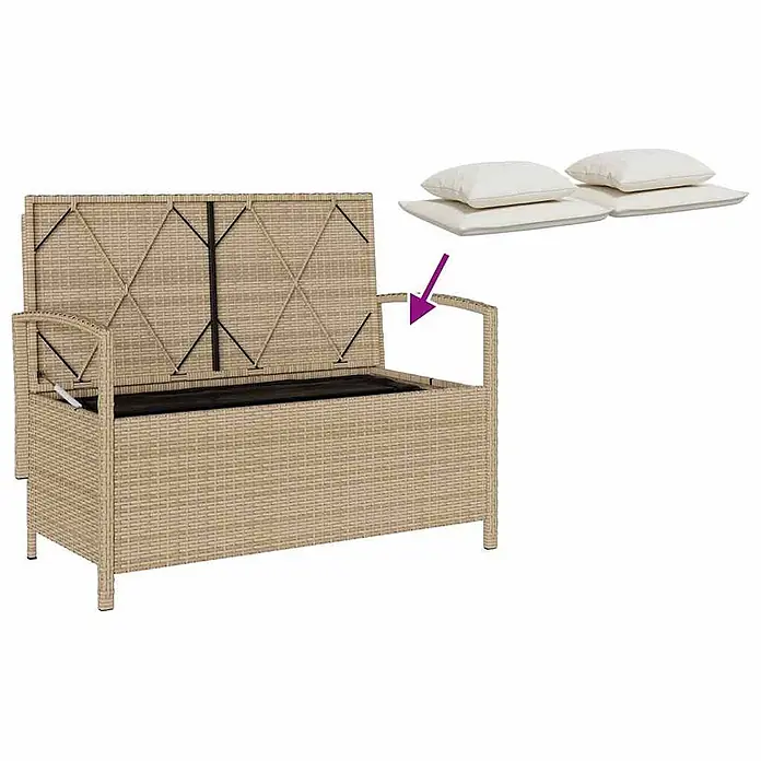 Furnicato Gartenbank - B x T x H: 111 x 56 x 87 cm, Beige und Creme - Hellbraune Rattan-Gartenbank mit offenem Deckel, schwarzem Innenraum. Creme-Kissen und -Auflagen sind abgebildet.