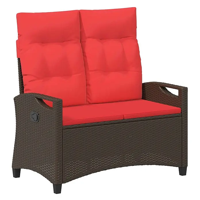 Furnicato Gartenbank pulverbeschichtet - B x T x H: 60 x 105 x 112 cm, Braun und Rot - Braune Polyrattan Outdoor-Aufbewahrungsbank mit leuchtend roten Auflagen.