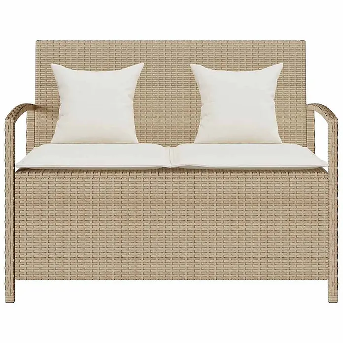 Furnicato Gartenbank - B x T x H: 111 x 56 x 87 cm, Beige und Creme - Beigefarbenes Rattan-Zweisitzer-Gartensofa mit weißen Sitzkissen und Rückenkissen.