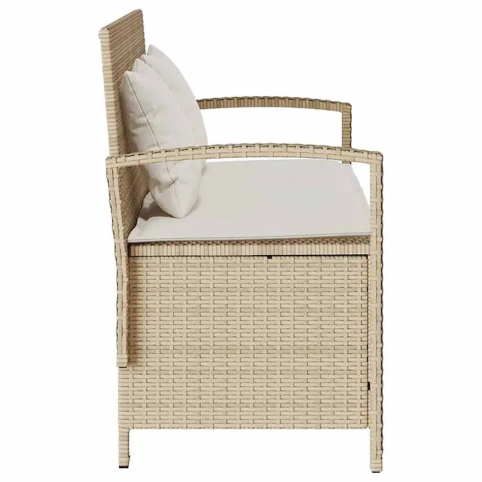Furnicato Gartenbank - B x T x H: 111 x 56 x 87 cm, Beige und Creme - Beige Rattan Outdoor-Sitzbank mit integriertem Stauraum und weißen Kissen, Seitenansicht.