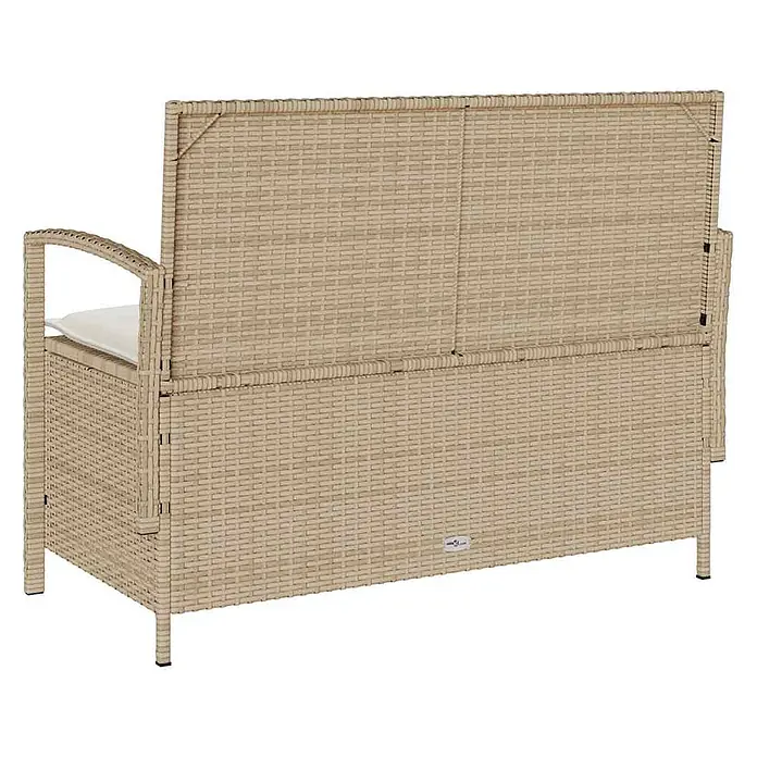Furnicato Gartenbank - B x T x H: 111 x 56 x 87 cm, Beige und Creme - Beige Rattan-Look Gartenbank mit Stauraum und weißem Kissen.