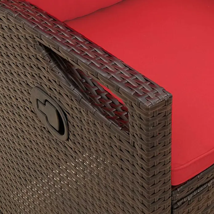 Furnicato Gartenbank pulverbeschichtet - B x T x H: 60 x 105 x 112 cm, Braun und Rot - Braunes Rattan-Gartenmöbel mit rotem Kissen und Verstellgriff.